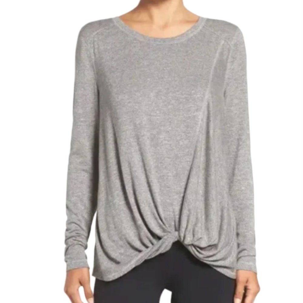 Zella Nordstrom Grey Long Sleeve Soft Twist Front Boat Neck Tee